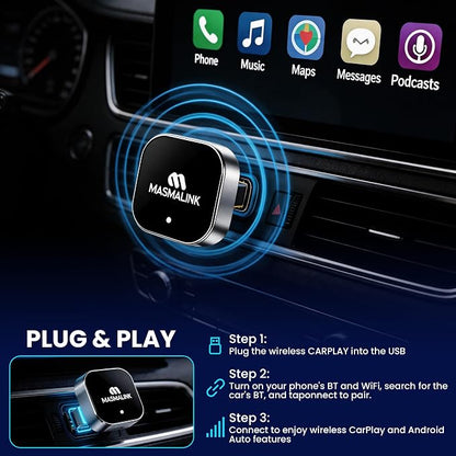 2026 Upgraded Wireless CarPlay Adapter for iPhone and Android Auto | Dual Band Connection (2.4Ghz - 5.8Ghz), Wired to Wireless Converter - Plug and Play Setup, Mini Size Having USB A/C Cable