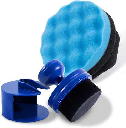 SIMPOR Tire Shine Applicator Brush and Hex Grip Sponge Pad Kit, Soft Bristle Tire Dressing Applicator with Storage Stand, No Mess Car Detailing Wave Foam Sponge Tool for Cleaning Waxing (2 Pack)