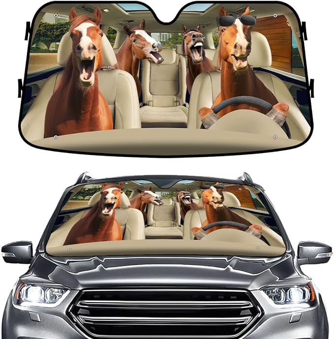 GENANY Horse Windshield Cover for Car SUV Truck (55x30 Inches), Foldable Heat Shield, Shades for Front Windows, Protector Blocks UV, Car Decor