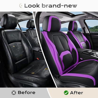 Coverado Car Seat Covers Front Seats, 2 Pack Nappa Leather Seat Covers for Cars, Waterproof Car Seat Protector with Lumbar Support, Front Seat Covers Universal Fit for Most Cars (Black&Purple)