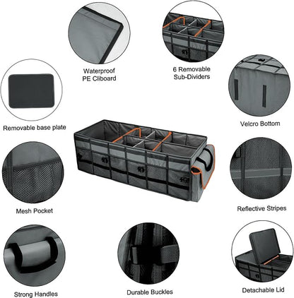 GDNasist Car Trunk Organizer and Storage with Removable Leakproof Cooler Bag, 6 Removable Dividers for Custom Space, Collapsible Trunk Storage with Non Slip Bottom, Foldable Cover for SUV, Jeep, MPVs