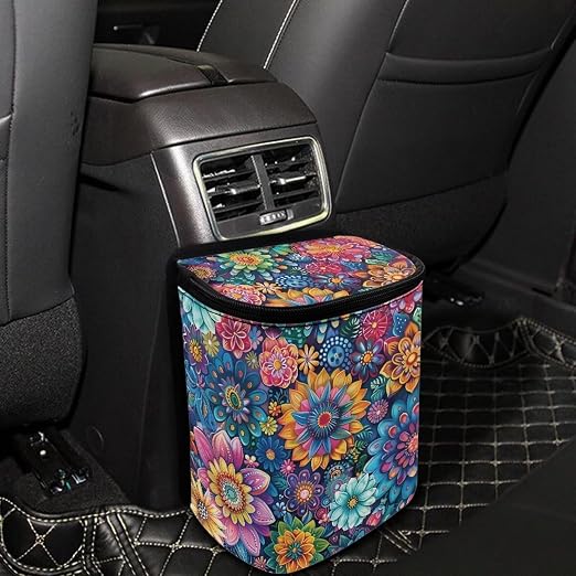 BIGCARJOB Blossom Lotus Car Trash Bag for Back Seat,Boho Lotus Floral Car Trash Can with Lid Portable Travel Car Trash Bag Holder Vehicle Trash Can for SUV Truck Van