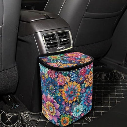 BIGCARJOB Blossom Lotus Car Trash Bag for Back Seat,Boho Lotus Floral Car Trash Can with Lid Portable Travel Car Trash Bag Holder Vehicle Trash Can for SUV Truck Van