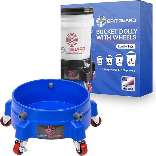 GRIT GUARD Bucket Dolly with Wheels - Rolling Detailing Wash Bucket with 5 Wheels and 2 Locking Casters Compatible with 2.5, 4, 5 and 6 Gallon Buckets (Blue, 2" Red Casters) - Made in the USA