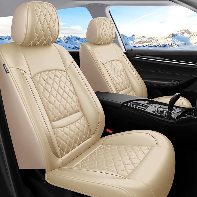 Car Seat Covers Compatible with Hyundai Elantra 2017-2025 2026 - Waterproof & Breathable Luxury Leather All-Weather Seat Cushions Protectors,Airbag Compatible,Only 2 Front seat Covers (Beige)