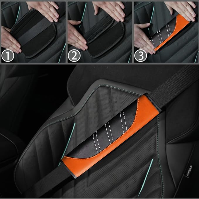 NBTEPEM 6 Pcs Orange Car Accessories Set, Sport Leather Steering Wheel Cover 14.5-15inch Universal, Microfiber Leather Car Center Console Cover, Seat Belt Cushion, Cup Holder Coaster (Black-Orange)