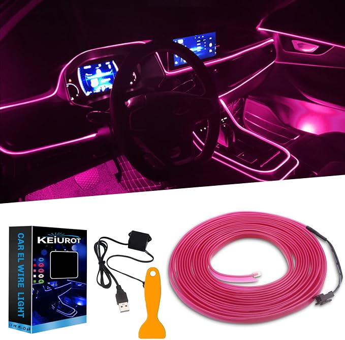 El Wire Lights for Car Interior, Pink Neon 16FT/5M LED Strip Light, USB 5V for Garden Party Decoration