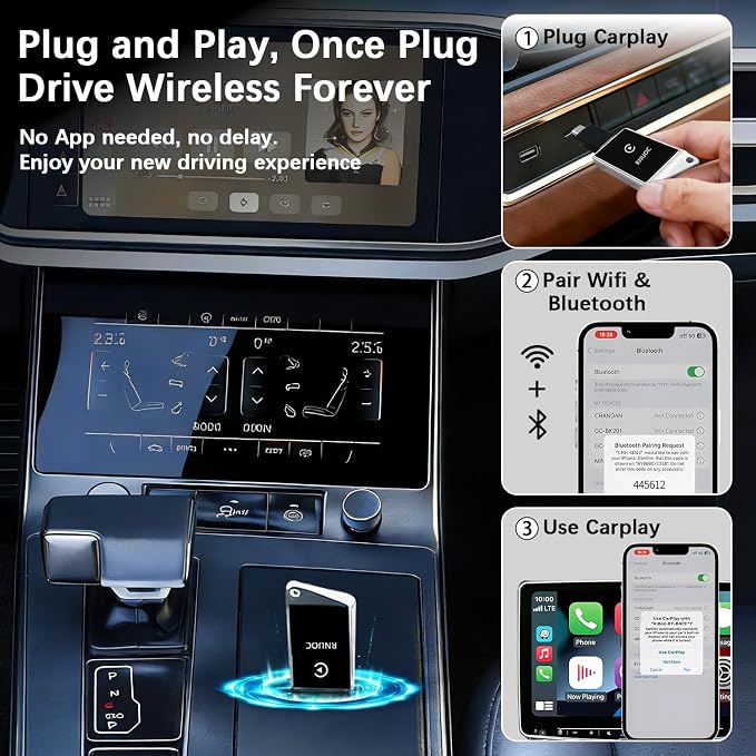Wireless CarPlay Adapter for Apple iPhone - Zero Lag, Plug-and-Play Auto Connect WIFI & Bluetooth Control for Cars | Turns Factory Wired CarPlay to Wireless, from iOS 10+ to Screen w/USB C Car Adapter