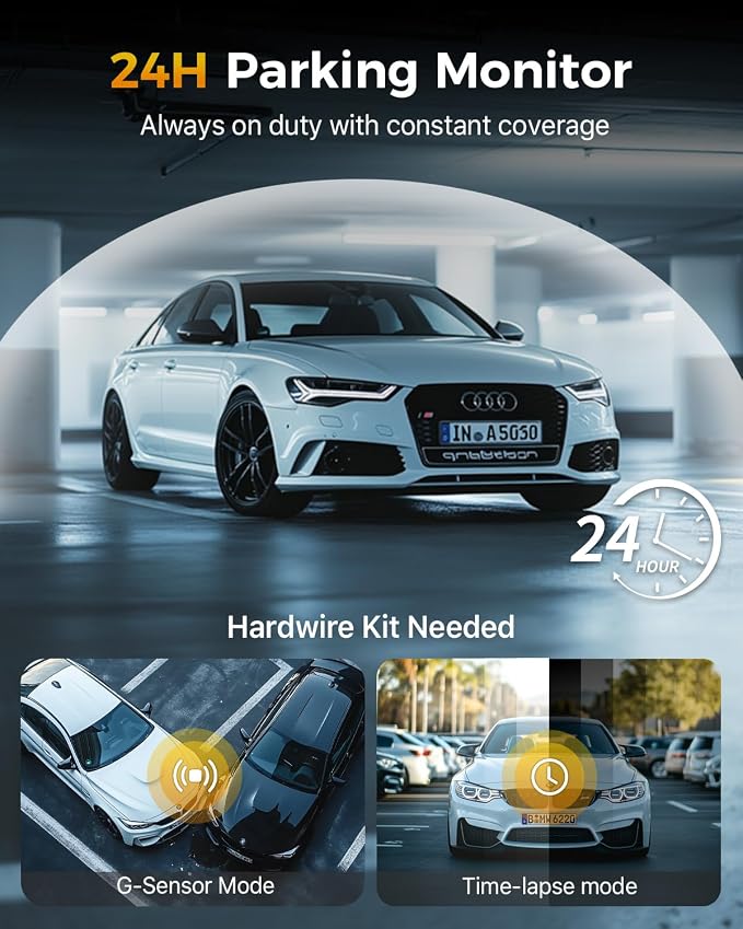 GKU 4K 3 Channel Dash Cam Front and Rear Inside, 3" IPS Screen, 5.8GHz WiFi Dash Camera for Cars, Built-in GPS, G-Sensor, 64GB Card Included, 24H Park Mode