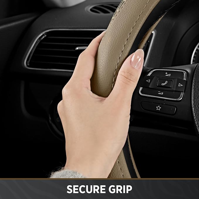 Road Comforts Steering Wheel Cover - Flat Bottom Wheel Cover Made with PVC Leather and Leopard Fabric - Universal Fit for 15-Inch D-Shaped Automotive Steering Wheels (Beige Color)