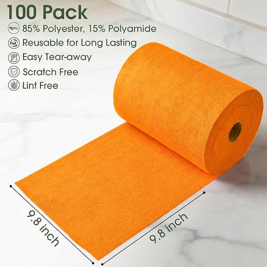 Microfiber Cleaning Cloth Roll–100 Pack, Tear Away Microfiber Towels, Reusable, Washable, Scratch-Free, Kitchen Towels for Car, Home, Kitchen, Glass, Dishes(Honey Orange)