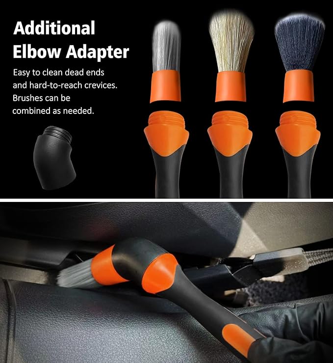 YeewayVeh 3pcs Car Detailing Brush Set, Boars Hair Detailing Brushes, Ultra Soft Detail Brush for Air Vent Leather Seat, Scratch Free Car Detailing Brushes for Interior Exterior, Orange