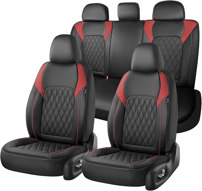 Coverado Car Seat Covers Full Set, Leather Seat Covers, Automotive Seat Covers for Cars, Car Seat Covers Front Seats Back, Car Seat Protector Car Seat Cushion Universal Fit Most Cars Trucks, Black&Red