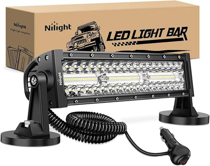 Nilight LED Light Bar 13.5 Inch Triple Row Cigarette Lighter Wiring Strong Magnetic Base Spot Flood Combo 96LEDs Fog Driving Work Roof Bumper Lights for Truck Tractor Golf Cart UTV
