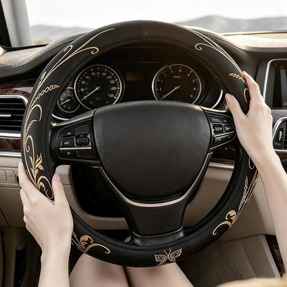 Beige Embroidery Butterfly Car Steering Wheel Cover,14.5-15 Inch Universal Leather Covers Breathable Anti-Slip Odorless Steering Wheels Accessories for Men Women