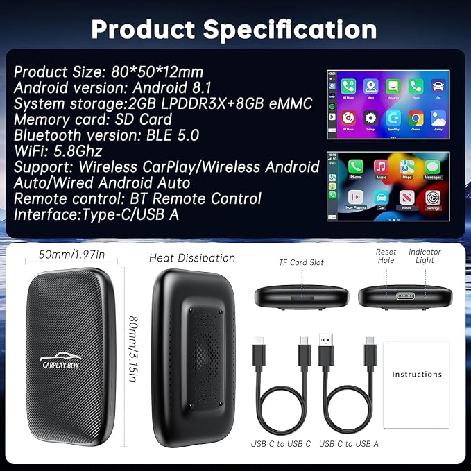 6-in-1 Android Auto Wireless Adapter and Apple CarPlay Adapter, Wireless Carplay Adapter with Netflix YouTube TF Card, Plug & Play, Easy Setup, Magic Video Ai Box for OEM Wired Apple Car Play Cars