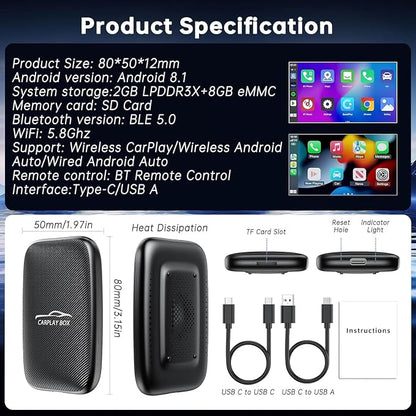 6-in-1 Android Auto Wireless Adapter and Apple CarPlay Adapter, Wireless Carplay Adapter with Netflix YouTube TF Card, Plug & Play, Easy Setup, Magic Video Ai Box for OEM Wired Apple Car Play Cars