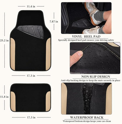 CAR PASS Faux Leather Steering Wheel Cover and Waterproof Car Floor Mats,Universal Car Combo Fit for 95% Sedan,SUV,Cars,14.5-15inch Sporty Anti-Slip Safety Comfortable Design(Black＆Beige)