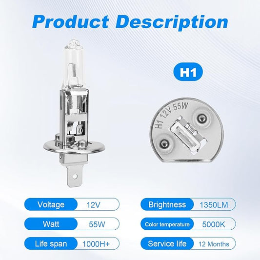 H1 Halogen Headlight Bulb, 12V 55W H1 Halogen Headlamp 5000K Auto Car Low High Beam Light Bulbs for Fog light Replacement,Not fit 24V Vehicles,Pack of 2
