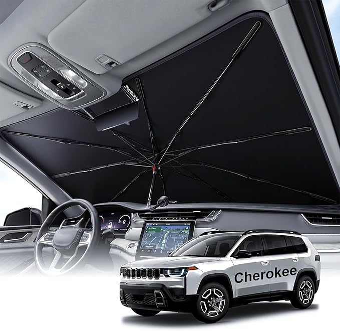 2026 Upgraded Windshield Sun Shade Umbrella for Jeep Cherokee [Precision Custom Fit, Superior UV & Heat Block] Cooling Tech Fabric, Durable Foldable with Storage Bag, Fits 2000-2001, 2014-2023