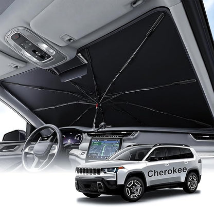 2026 Upgraded Windshield Sun Shade Umbrella for Jeep Cherokee [Precision Custom Fit, Superior UV & Heat Block] Cooling Tech Fabric, Durable Foldable with Storage Bag, Fits 2000-2001, 2014-2023