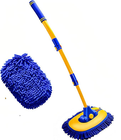 Mveqrrn Upgrade Car Wash Brush with Long Handle,Car Wash Brush Car Cleaning Brush Kit Car Wash Mop Car Wash Brush with Telescopic Pole Car Washing Brush with Scratch-Free Replacement Head(Blue