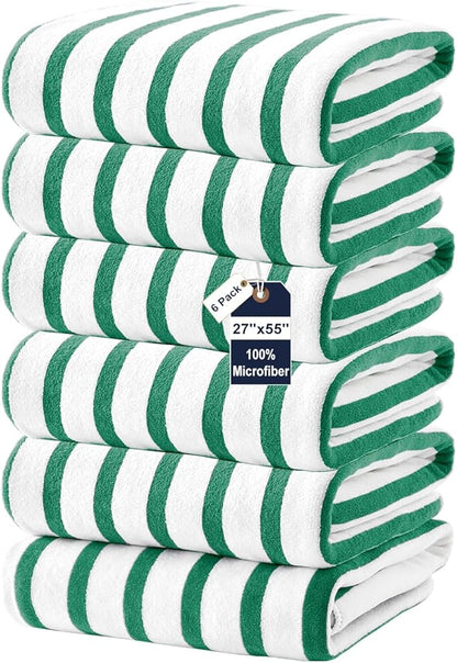 JML Microfiber Beach Towels, 6 Pack, 27" x 55", Large Bath Towel Set for Adult- Cabana Stripe - Absorbent, Quick Drying Lint-Free, No Fading for Summer Party, Pool, Sport, Yoga, Swimming, Green