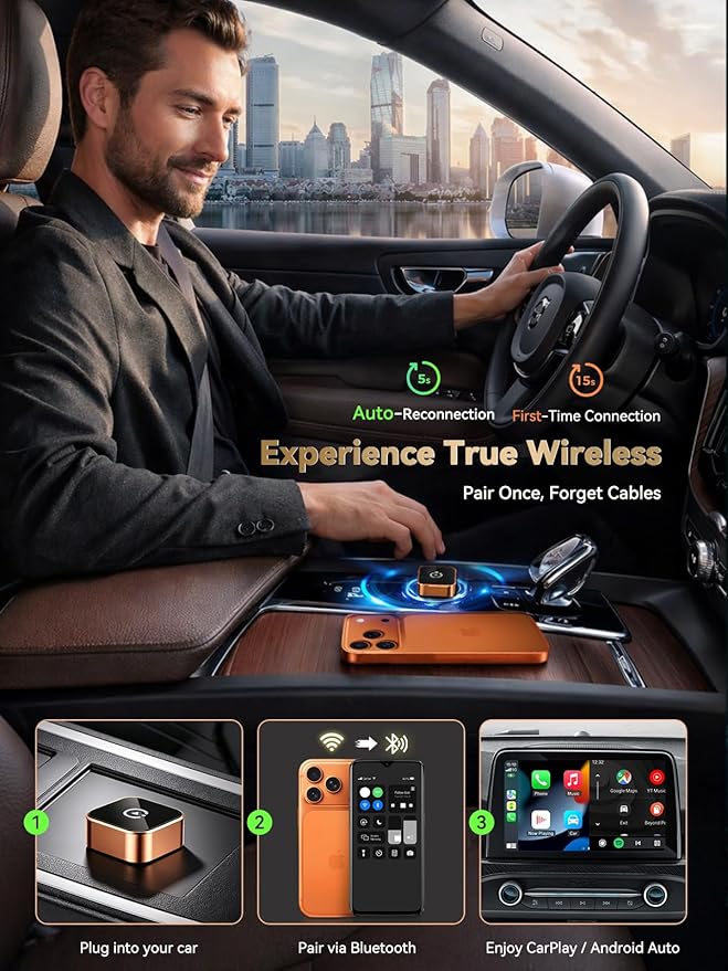 2026 Wireless CarPlay & Android Auto Adapter, 2-in-1 Mini Adapter for iPhone & Android, for USB-A/USB-C, Plug & Play, Fast Reconnect, Low Latency, Works with Most Cars with Wired CarPlay/Android Auto