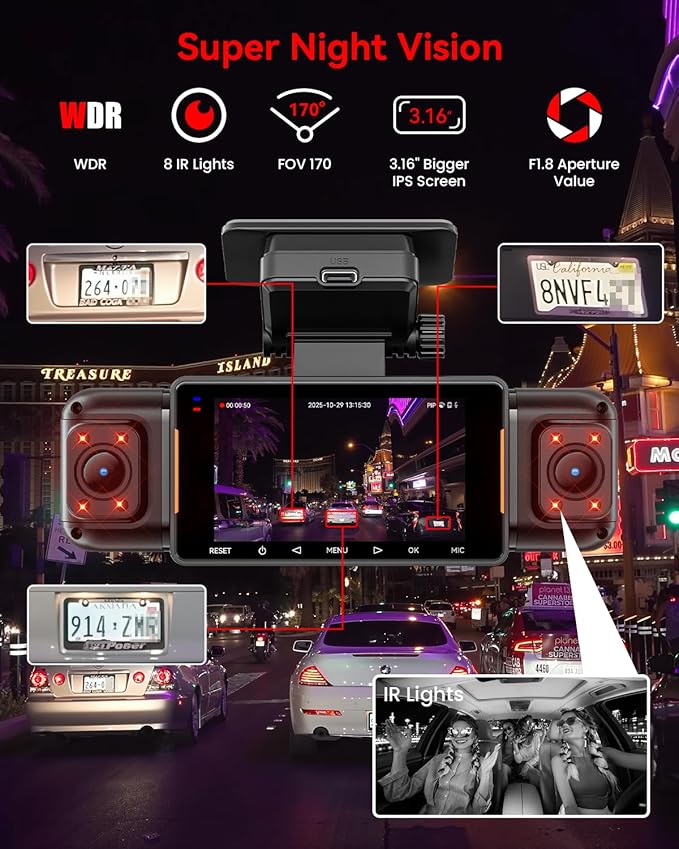 N5 PRO 4K 4 Channel Dash Cam, 360° All-Around View, 1080P Rear and Inside, 5G WiFi 6 - Up to 10MB/s, Built-in GPS, 8 IR Night Vision, G-Sensor, 24H Parking Mode, Free 128GB SD Card Included