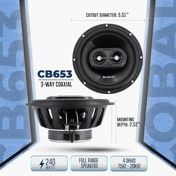 ORION Cobalt Series CB653 6.5” 3-Way Coaxial Car Speakers, 240W, 4 Ohms, Full Range, Enhanced Bass, Polypropylene Cone & Butyl Rubber Surround, Easy Install (Pair)