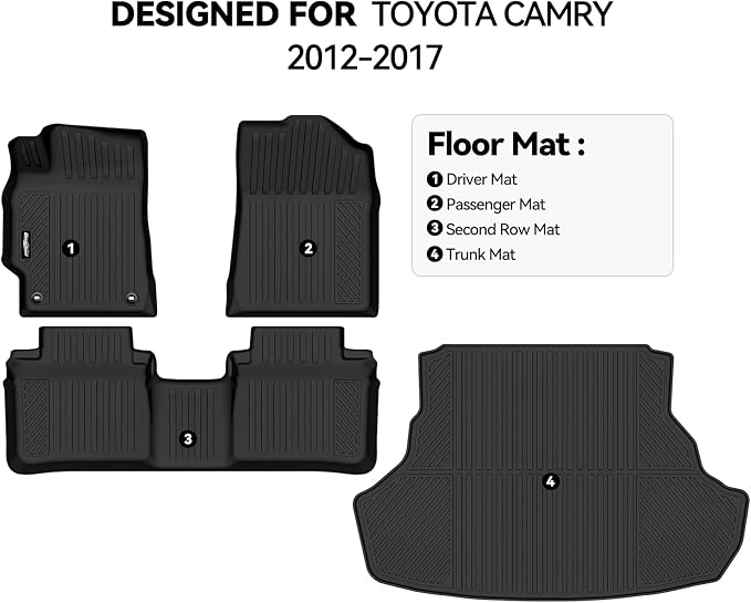 Floor Mats for 2012-2017 Toyota Camry, Trunk Mat All Weather TPE Protector for Toyota Camry Accessories