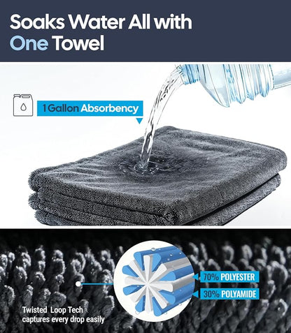 Wigoo Microfiber Car Drying Towels 36" x 24" [1300GSM Ultra-Absorbent, No Streaks & Scratches] Dual-Sided Edgeless Cleaning Towel with Twisted Loop, for Auto Detailing, Car, SUV, Truck (3-Size Set)