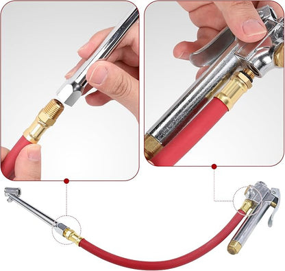 Hromee Tire Inflator Hose, 12 Inch Red Rubber Hose Whip for Tire Pressure Inflator Gauge