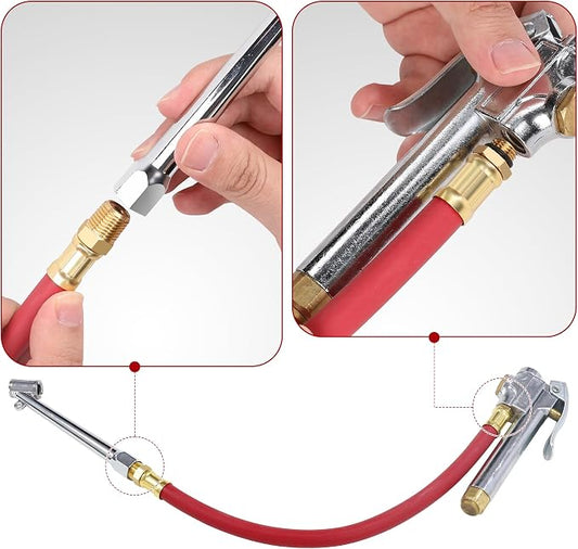 Hromee Tire Inflator Hose, 12 Inch Red Rubber Hose Whip for Tire Pressure Inflator Gauge