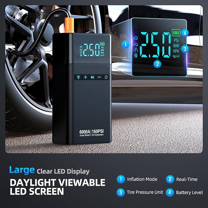 10-in-1 Portable Car Battery Jump Starter with Air Compressor, 6000A 160PSI Portable Car Jumper Starter (All Gas 12L Diesel), 12V Jump Box Car Battery Jump Starter with Jumper Cables, Lights