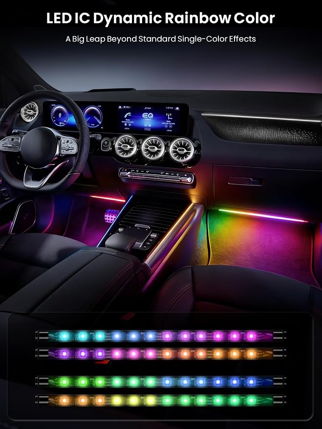Car LED Lights Interior, 16M Colors APP & CarPlay Control, Music Sync Ambient Lighting Kit, Auto-On/Off，Voltage Protection, Brightness Dimmer 12V DC LED Strip Lights for Car, Truck, SUV