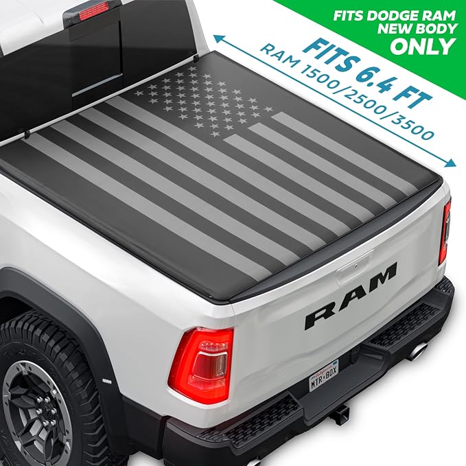 American Flag Truck Tonneau Cover for 2019-2025 Ram 1500 (New Body ONLY) / 2019-2024 Ram 2500 & 3500 with 6.4 ft Bed Length, All-Weather Soft Roll Truck Bed Cover for Truck (5th Gen Body/New Body)