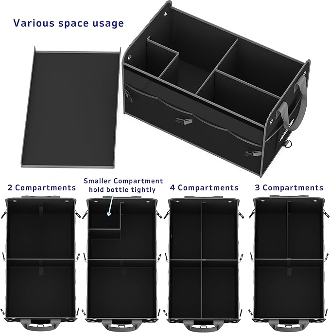 EPAuto Car Trunk Organizer with Adjustable Multi Compartment, Removal Lid and Securing Straps, Black