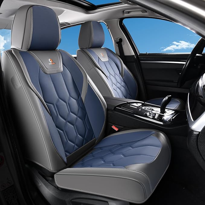 Huidasource Front Seat Covers, Universal Fit for Most Cars SUV Trucks, Full Coverage Leather Seat Cover, Airbag Compatble, Seat Function Retain, Storage Pocket Design, Easy to Install, Gray & Blue