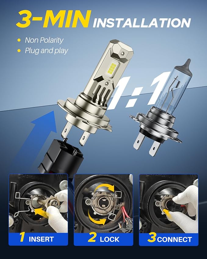 AUTOONE Bright H7 Bulbs, 80,000LM 6500K White Super Bright, 1:1 Halogen Size, 6500K Cool White, No Adapter Required, Easy Install Non-Polarity