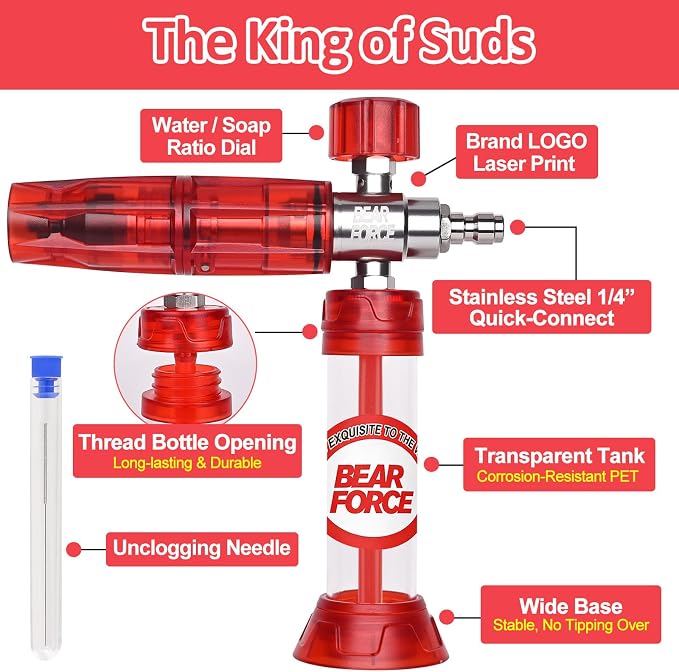 BEAR FORCE Pressure Washer Gun Up to 3000 PSI with Undiluted Mini Foam Cannon Set, 5 Spray Nozzles, Power Washer Spray Gun with 3/8'' Swivel Quick Connect, M22-15mm Connector, Car Wash, Car Detailing