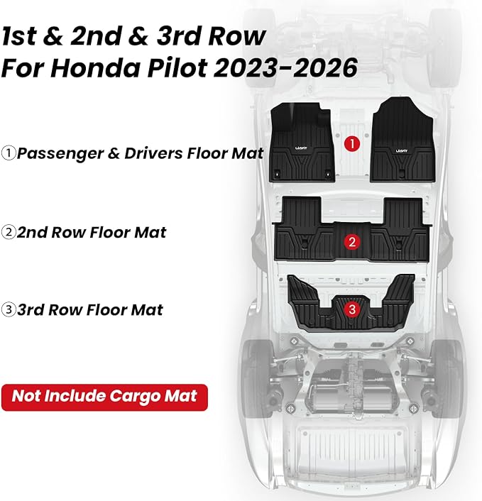 LASFIT Floor Mats for Honda Pilot 2023 2024 2025 2026 (7&8 Seats), All Weather Custom Fit TPE Odorless Anti-Slip Floor Liner 1st & 2nd & 3rd Row, Black