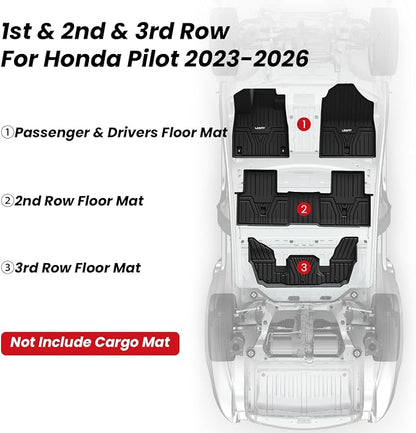 LASFIT Floor Mats for Honda Pilot 2023 2024 2025 2026 (7&8 Seats), All Weather Custom Fit TPE Odorless Anti-Slip Floor Liner 1st & 2nd & 3rd Row, Black
