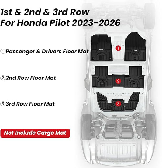 LASFIT Floor Mats for Honda Pilot 2023 2024 2025 2026 (7&8 Seats), All Weather Custom Fit TPE Odorless Anti-Slip Floor Liner 1st & 2nd & 3rd Row, Black