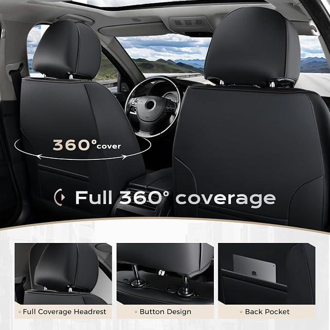 Coverado Automotive Seat Covers Front Seats, Leather Seat Covers 2 Pack, Black Green Car Seat Cover, Waterproof Car Seat Protector with Lumbar Support, Front Seat Covers Universal Fit for Most Cars
