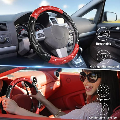 SuperKaKa Black and Red Steering Wheel Cover, Auto Diamond Style Cute Bling Comfort Car Interior Accessories Protector Sparkly Fit Most O-Shaped Steering Wheels