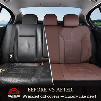 Coverado Full Set Leather Car Seat Covers, Crafted with Full Leather Construction and Carbon Fibre Weave Universal Fit for Most Cars SUV Trucks(Coffee