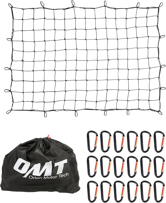 Orion Motor Tech 5'x7' Heavy Duty Cargo Net Stretches to 10'x14' for Pickups SUVs Vans Semis, Bungee Cord Net for Truck Bed Roof Rack Trailer More with Handmade Knotting 18 Carabiners Storage Bag
