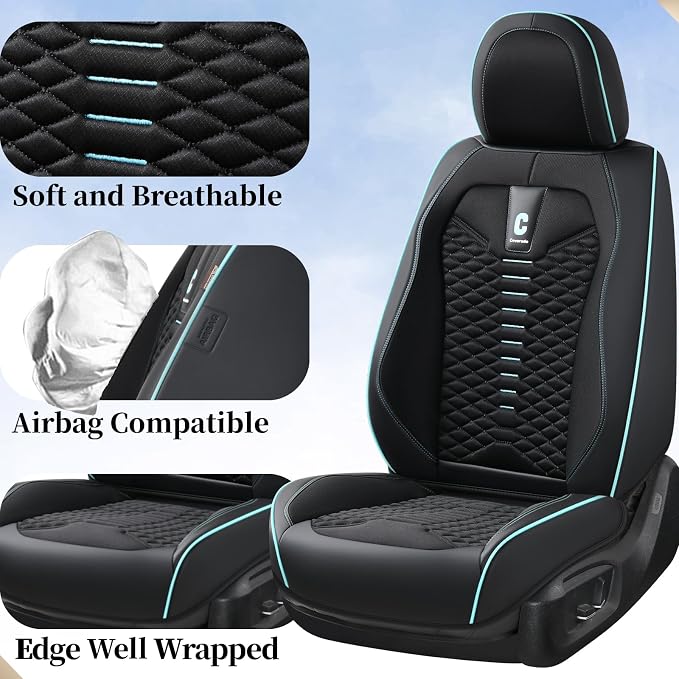 Coverado Car Seat Covers Full Set, 5 Seats Universal Seat Covers for Cars, Breathable Fabric Faux Leather Auto Seat Cushions, Front and Rear Seat Protectors Fit for Most Sedans SUV Truck, Black&Blue