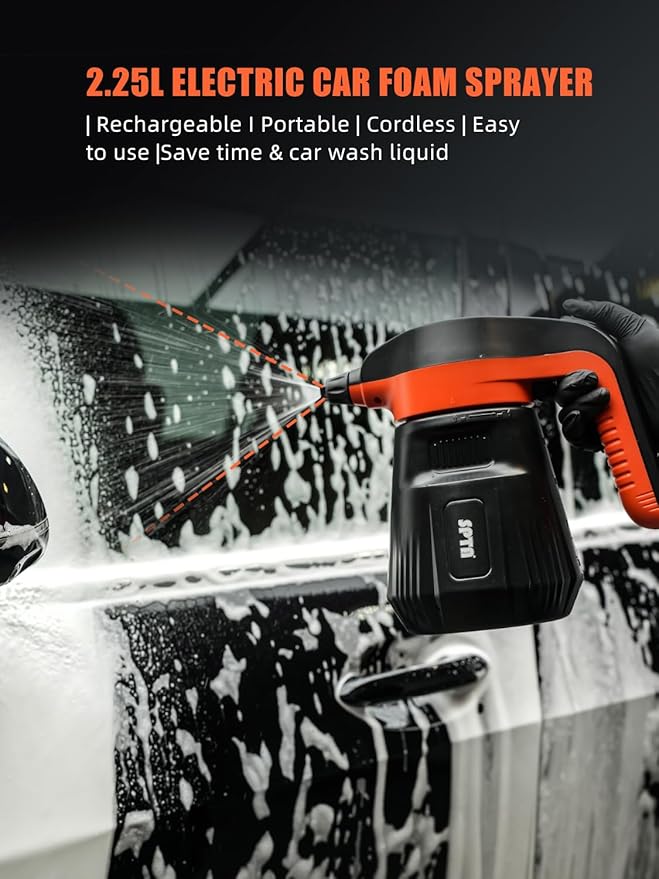 SPTA Pressure Foam Sprayer, 2.25L/76 oz Electric Pressurized Soap Sprayer Car Foam Sprayer, Cordless Pump Sprayer, Car Wash Pressure Washer Foamer with 500ML Shampoo for Detailing